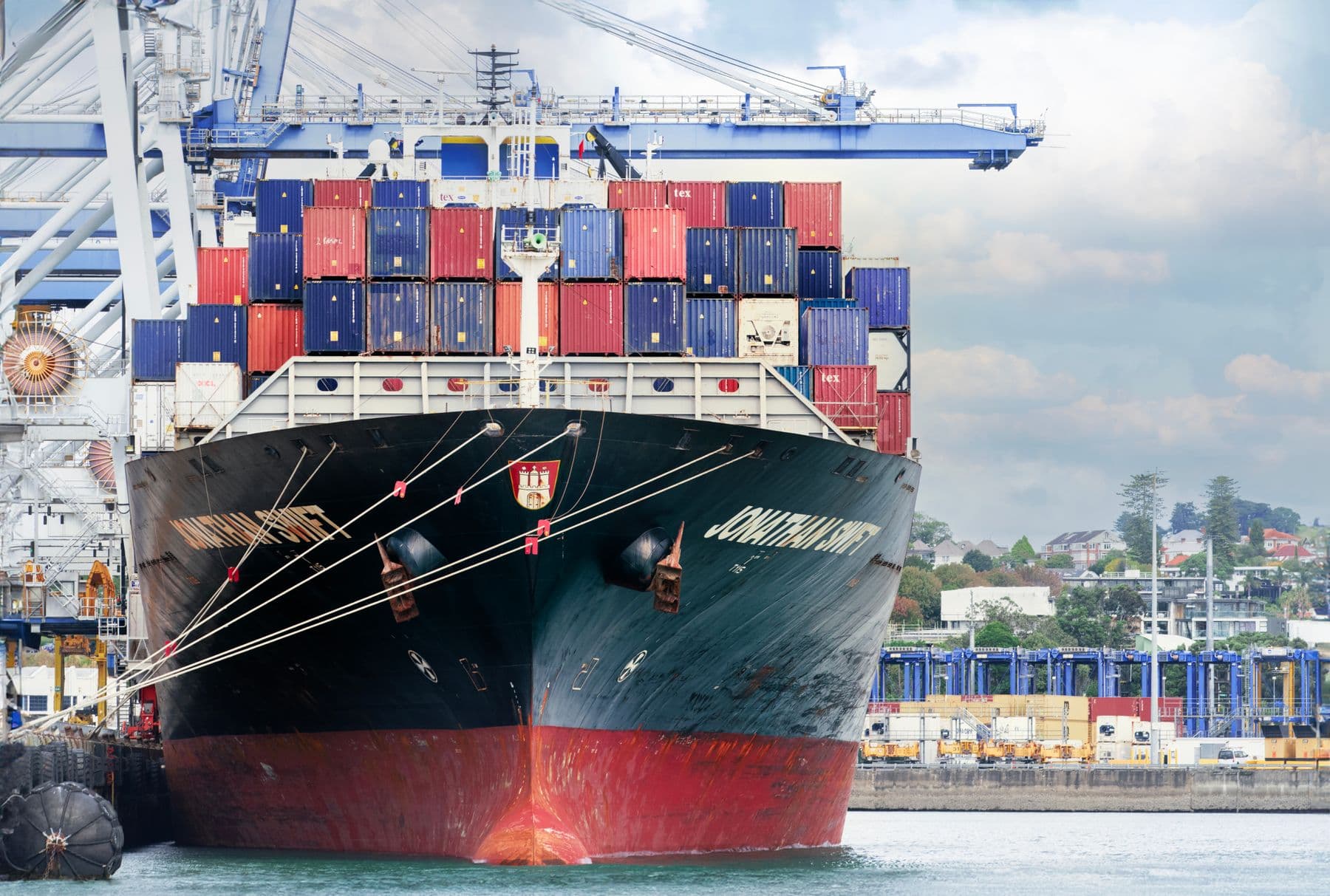 Container ship docked at Auckland Port, New Zealand